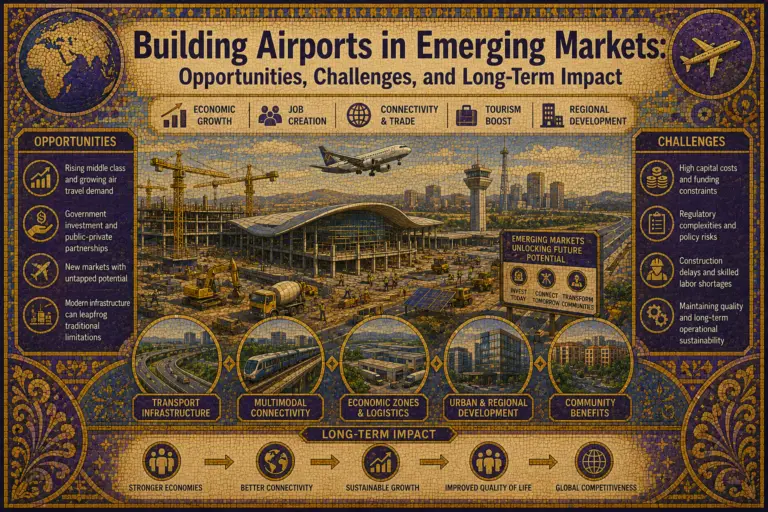 Construction of a modern international airport in an emerging market with surrounding infrastructure development.