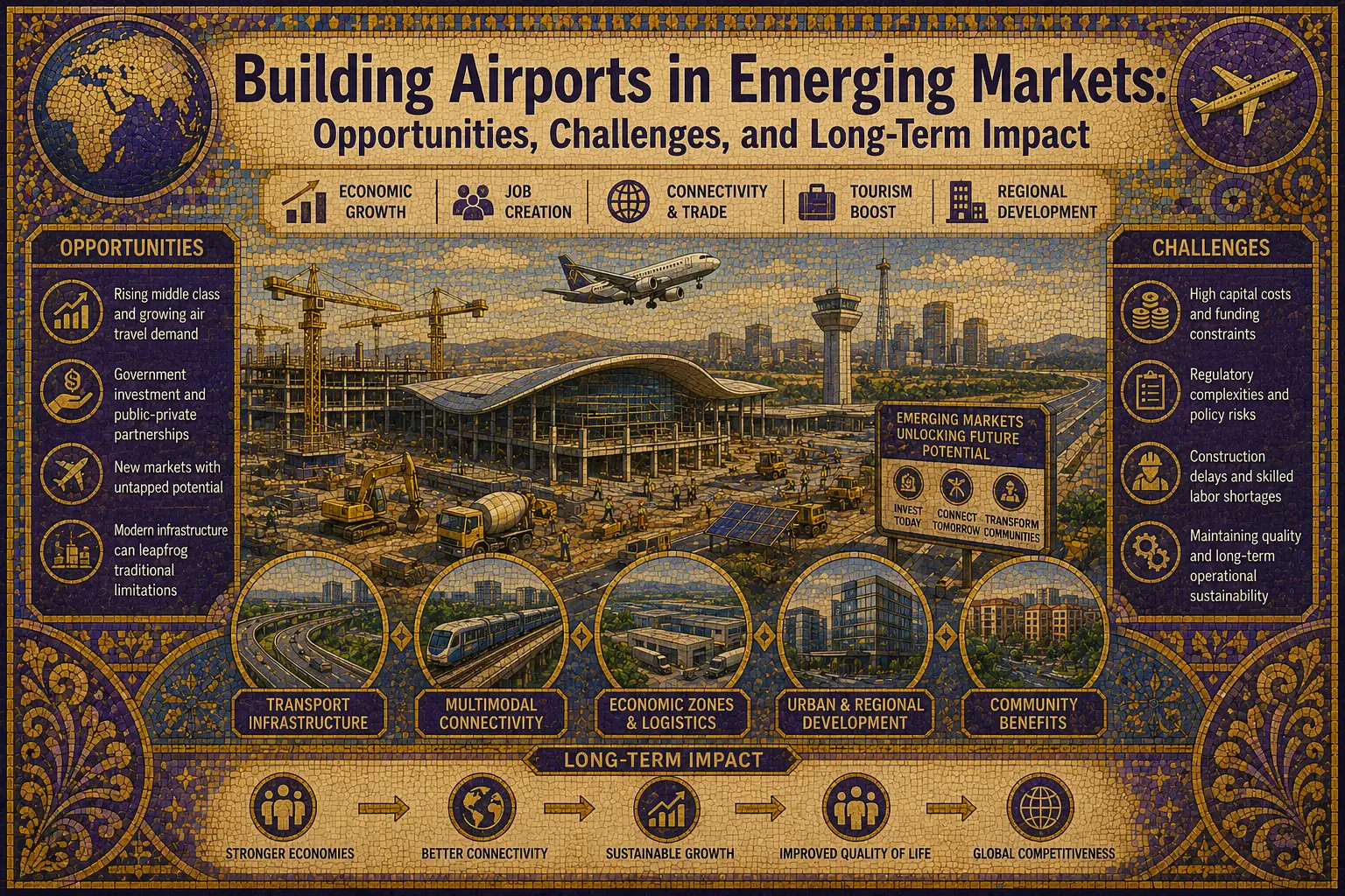 Construction of a modern international airport in an emerging market with surrounding infrastructure development.