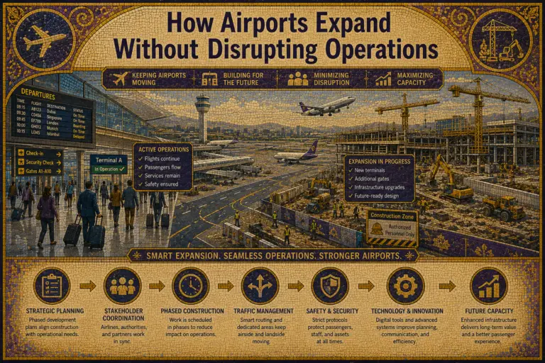 Modern airport undergoing terminal and infrastructure expansion while aircraft and passengers continue normal operations