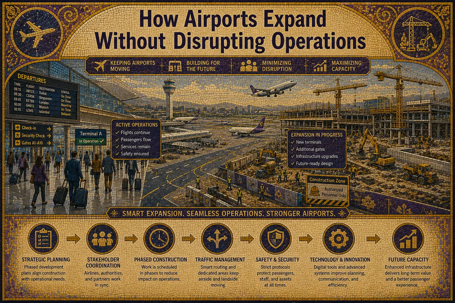 Modern airport undergoing terminal and infrastructure expansion while aircraft and passengers continue normal operations
