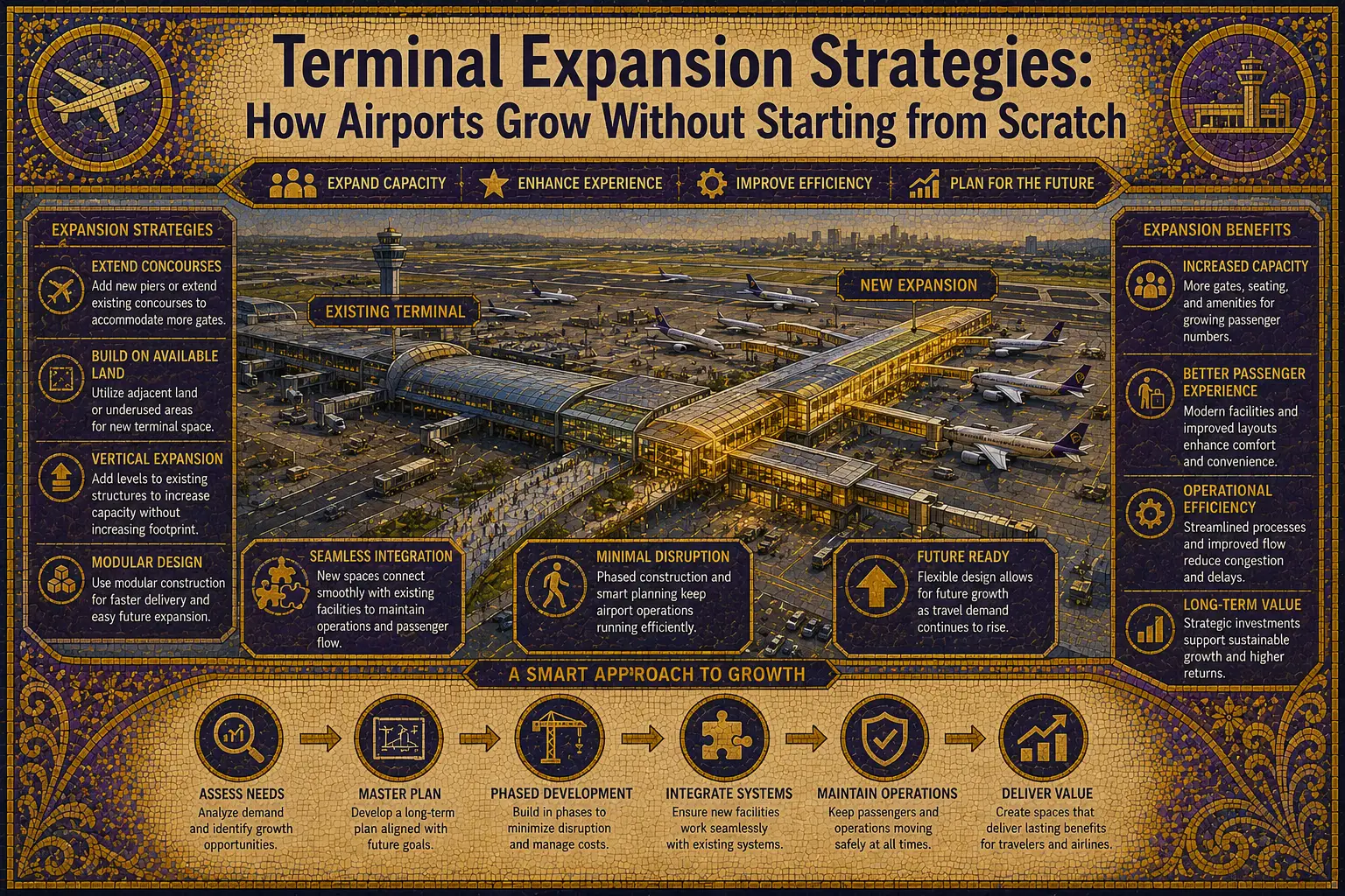 Modern airport terminal undergoing expansion with new gates, terminal extensions, and construction activities.