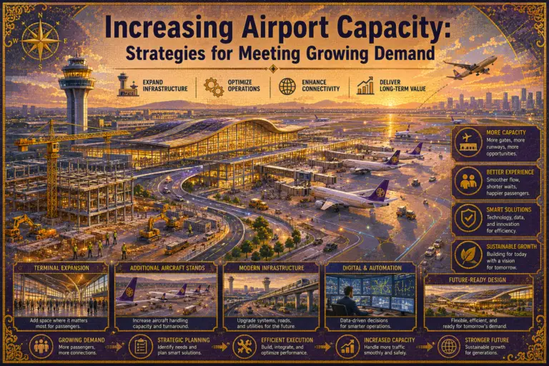 Modern international airport showing expanded terminals, runways, and infrastructure designed to handle increasing passenger and cargo demand.