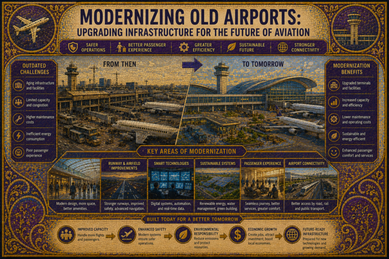 Modernization project at an older airport featuring renovated terminals, upgraded infrastructure, and new technologies.