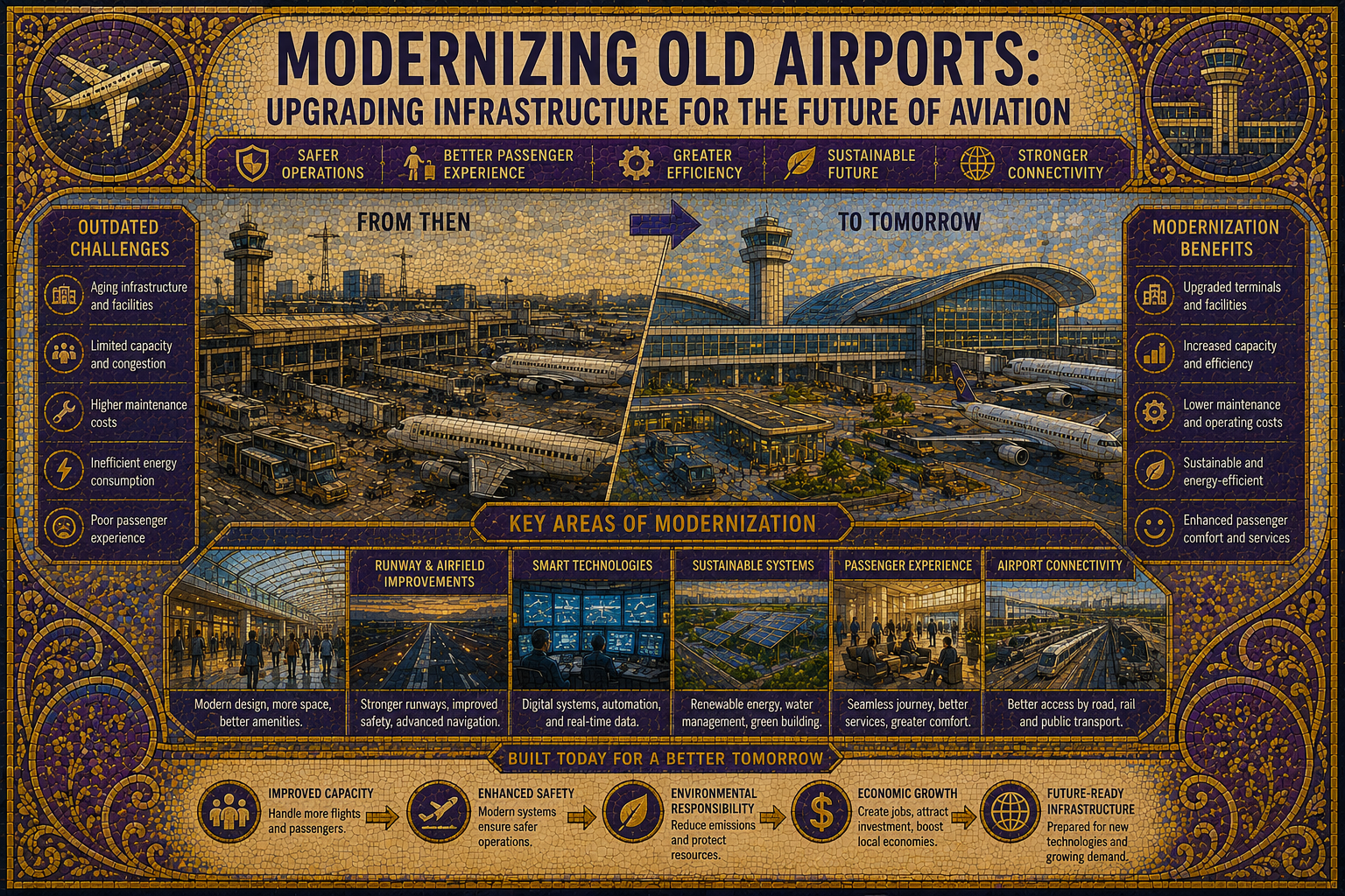 Modernization project at an older airport featuring renovated terminals, upgraded infrastructure, and new technologies.