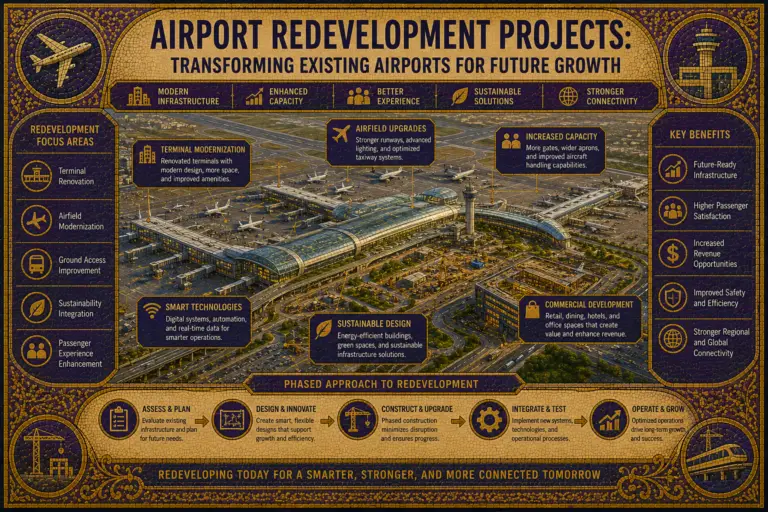 Major airport redevelopment project featuring terminal reconstruction, infrastructure upgrades, and modern aviation facilities.