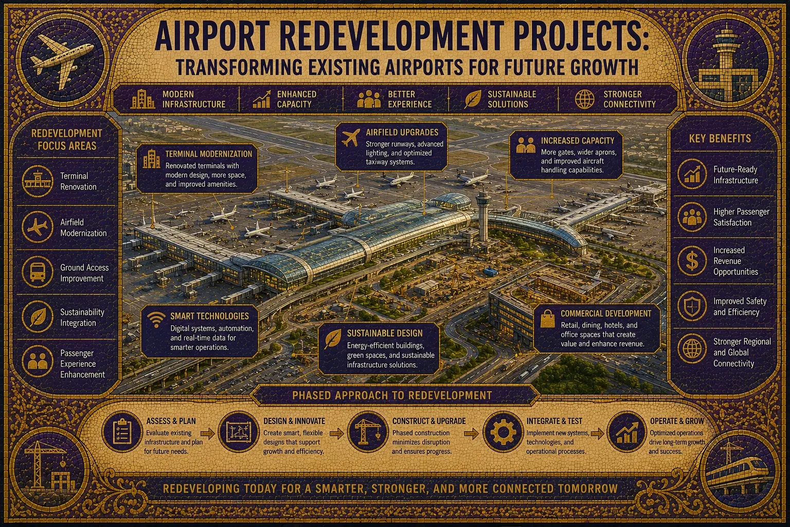 Major airport redevelopment project featuring terminal reconstruction, infrastructure upgrades, and modern aviation facilities.